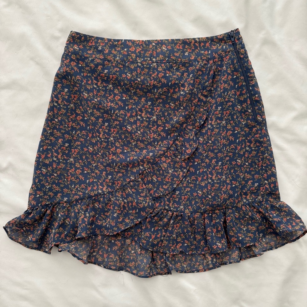 Navy Floral Ruffle Wrap Skirt